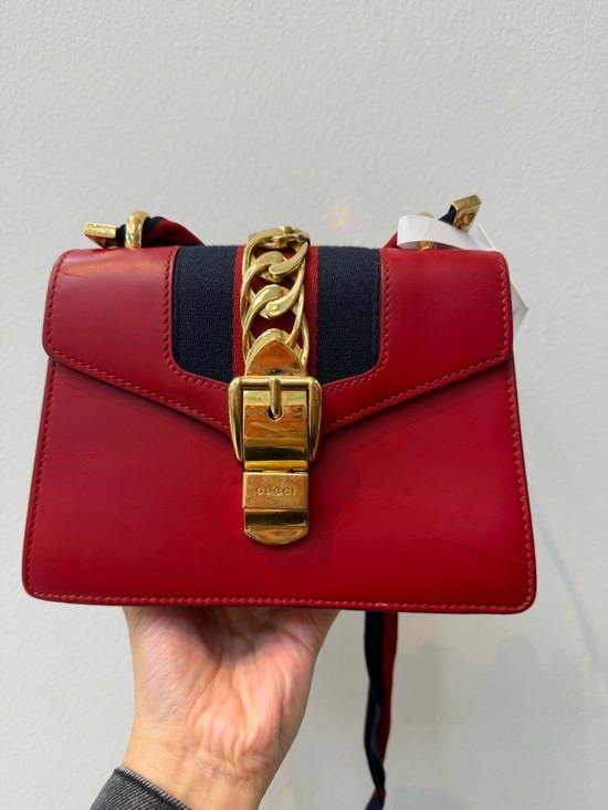 Gucci Handbags - Gucci Red Leather Crossbody with Gold Chain and Black Stripe